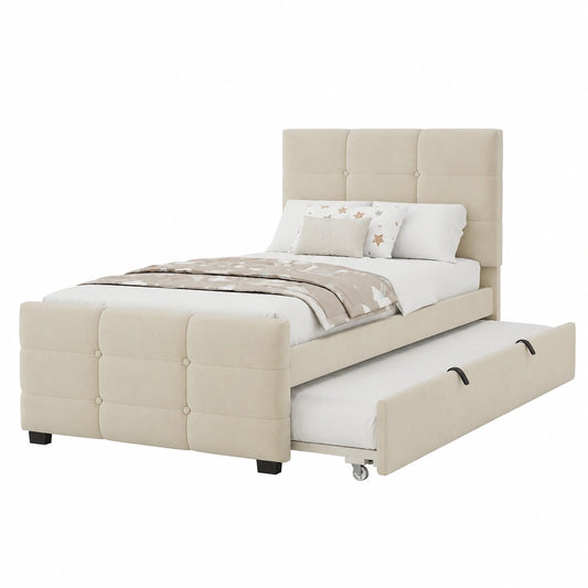 Lit, rembourré, en velours et tissu, coloris beige, 90 x 190 cm, pour la chambre