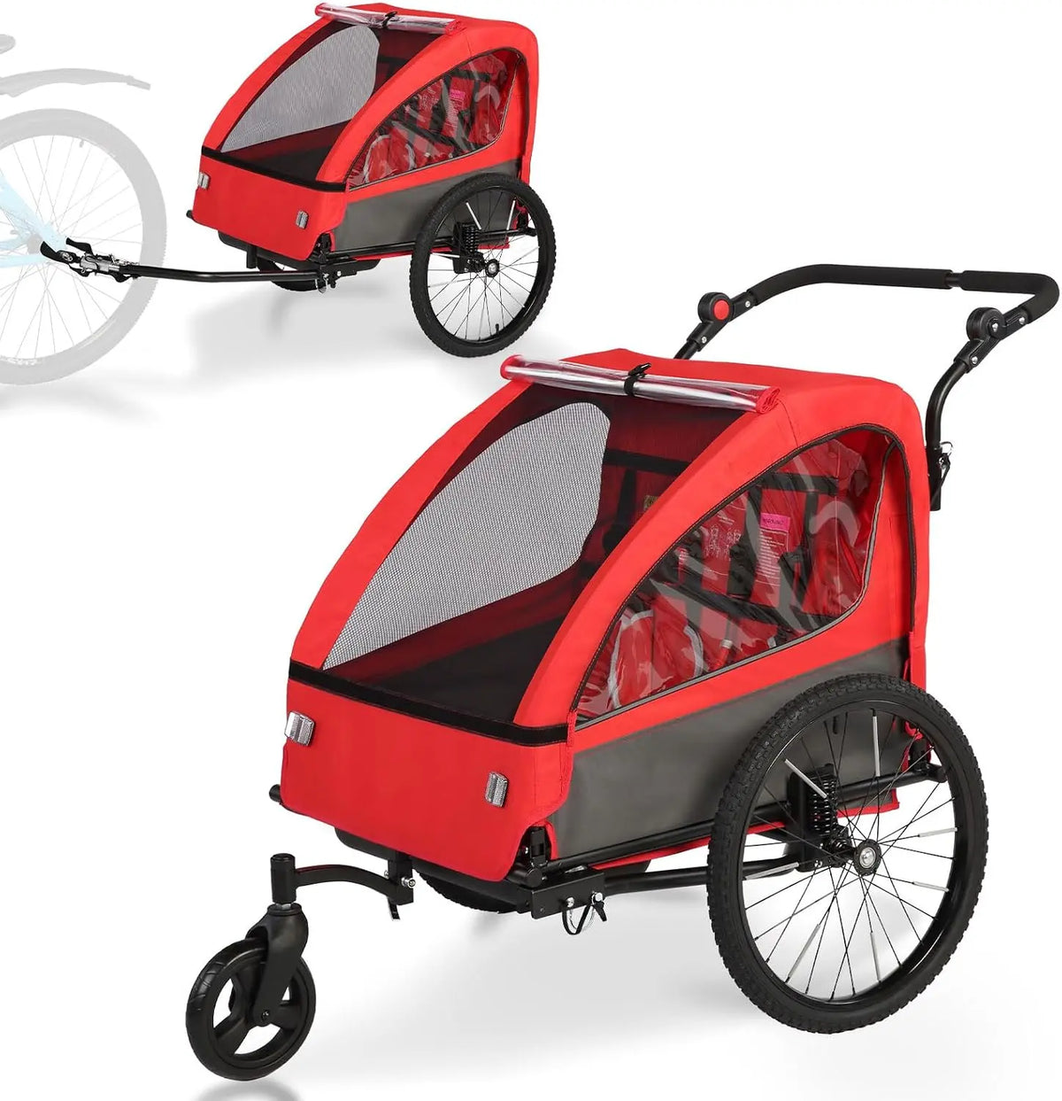 Remorque 2 en 1 pour Enfant avec Suspension pour 1 à 2 Enfants – rouge/gris/noir
