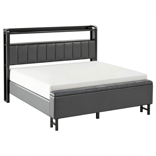 Lit, avec prise intégrée, coloris gris, 140 x 200 cm, pour la chambre