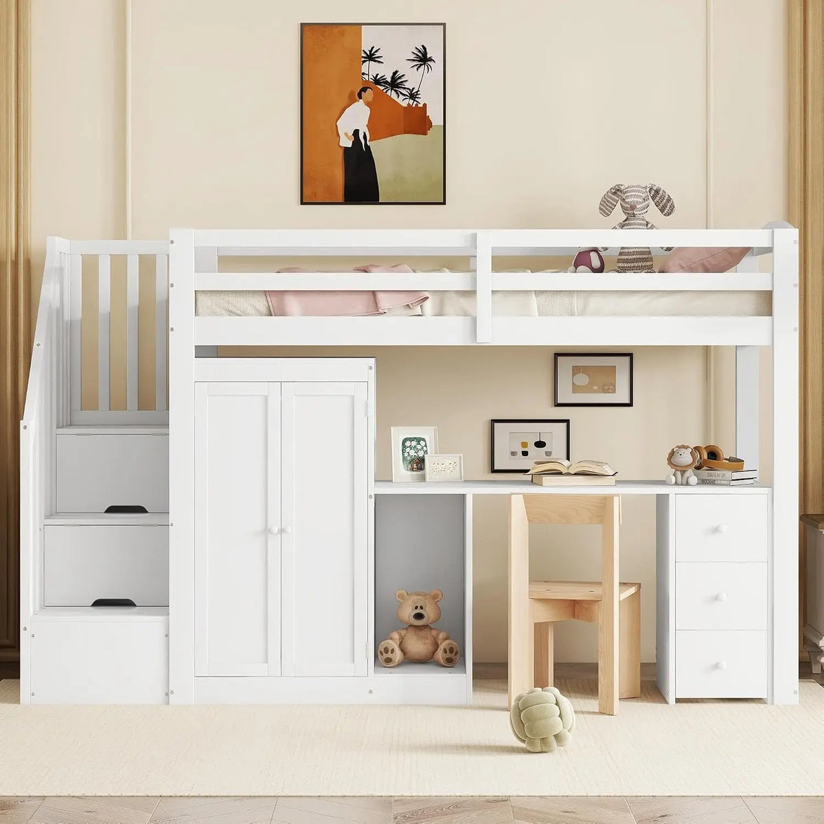 Lit Mezzanine Enfants 90 x 200 cm avec Bureau et Armoire – blanc