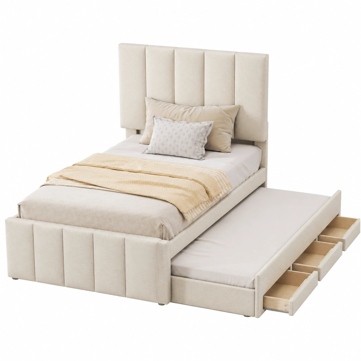 Lit, avec tiroirs, avec sommier, en lin et tissu, 1 place, 90 x 190 cm, coloris beige, pour la chambre