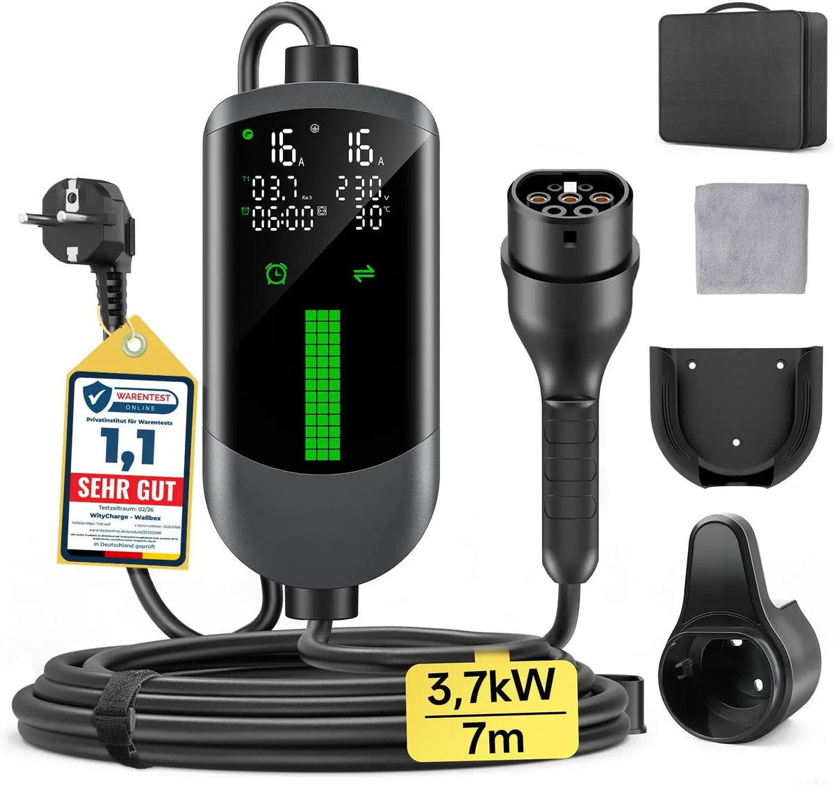Chargeur Voiture Electrique 3,7kW - 7M/6-16A Cable Recharge Voiture Electrique avec Support Mural Sac – gris/noir