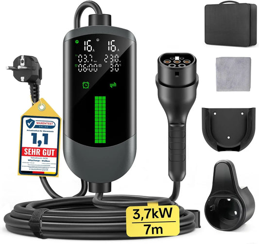 Chargeur Voiture Electrique 3,7kW - 7M/6-16A Cable Recharge Voiture Electrique avec Support Mural Sac – gris/noir