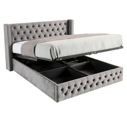 Lit, avec rangement, rembourré, en métal, pour la chambre