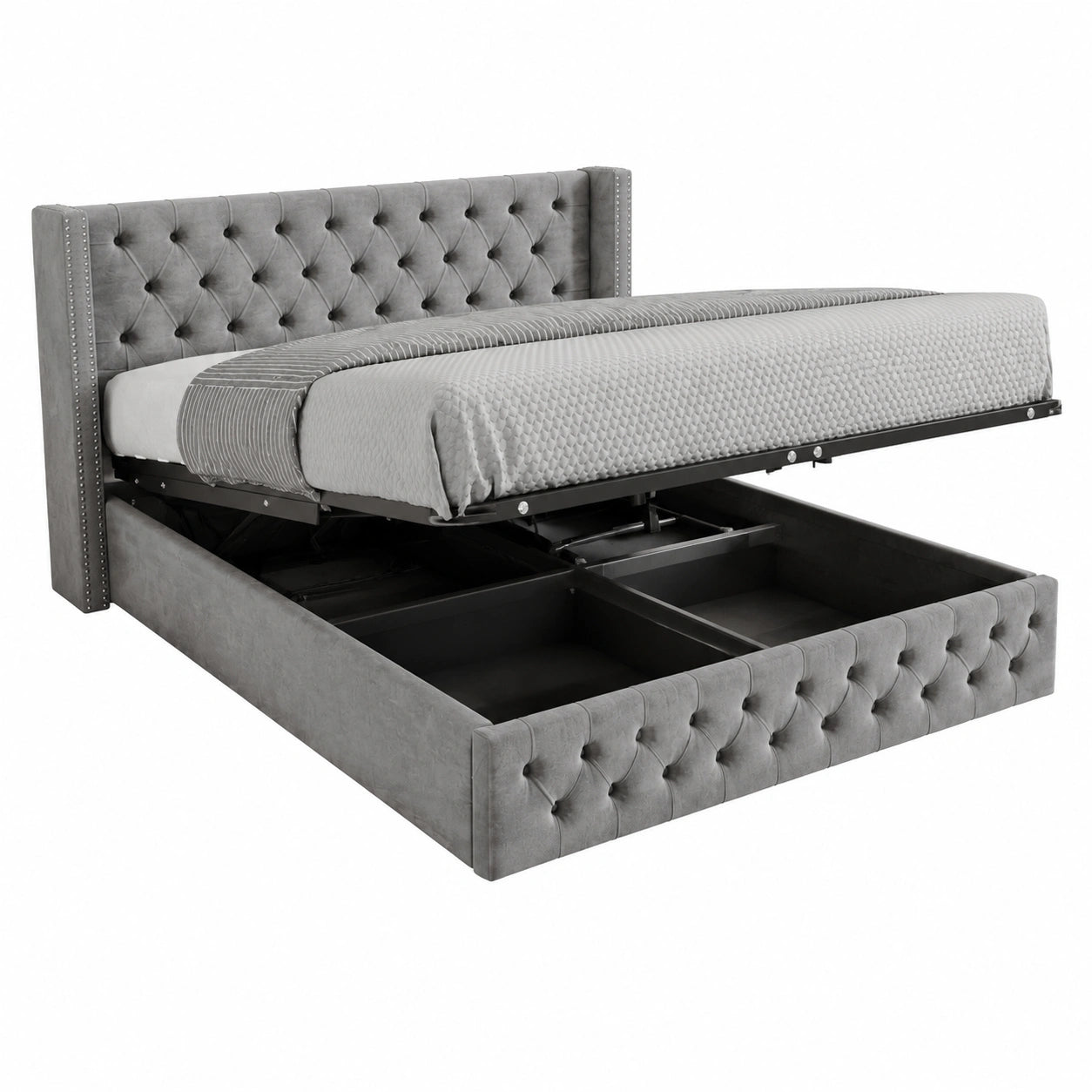 Lit, avec rangement, rembourré, en métal, pour la chambre