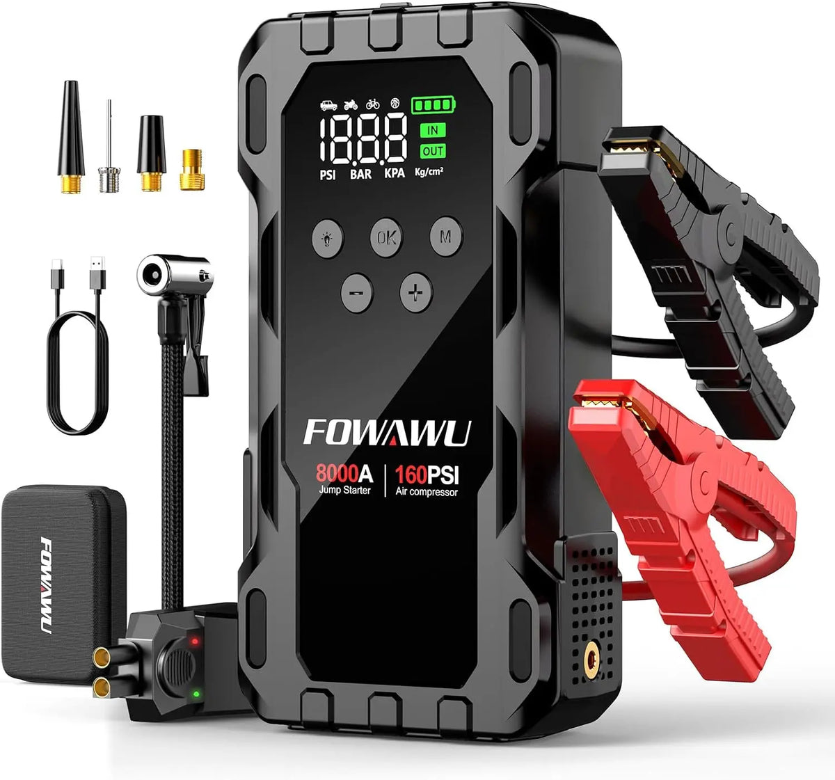 FOWAWU 8000A 26800mAh Booster Batterie Voiture avec Gonfleur – 25 L/min, gris/noir