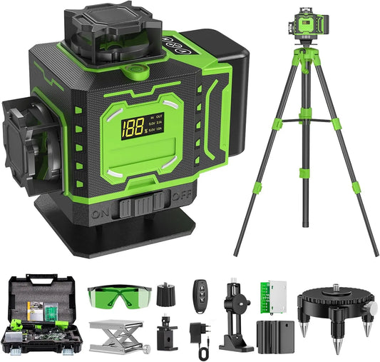 Niveau Laser Chantier Autonivelant 360° x 4 Avec trépied – 2500 mAh, gris/vert/noir
