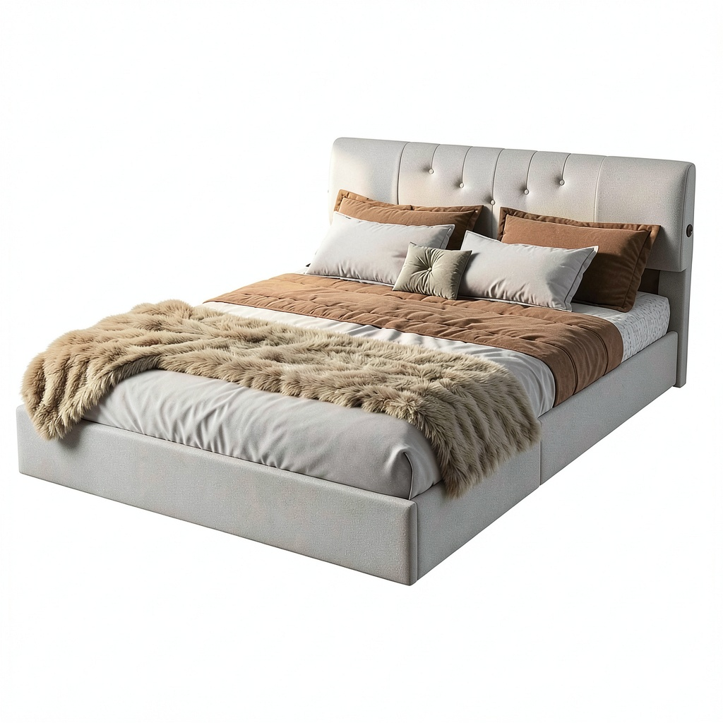 Lit coffre, 140 x 190 cm, réglable, avec rangement, avec prise intégrée, en velours, coloris beige et crème, pour la chambre