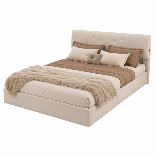 Lit coffre, 140 x 190 cm, réglable, avec rangement, avec prise intégrée, en velours, coloris beige et crème, pour la chambre