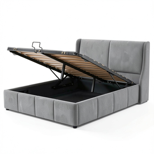 Lit coffre, avec rangement, avec sommier, rembourré, coloris gris, 140 x 190 cm, pour la chambre