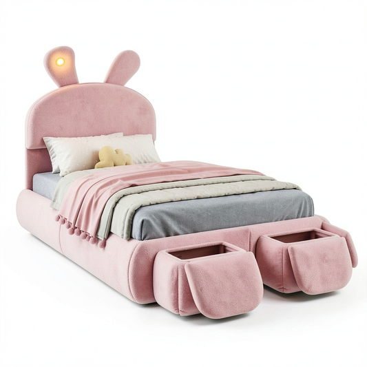 Lit, réglable, avec rangement, avec sommier, en velours, coloris rose, 90 x 200 cm, pour la chambre
