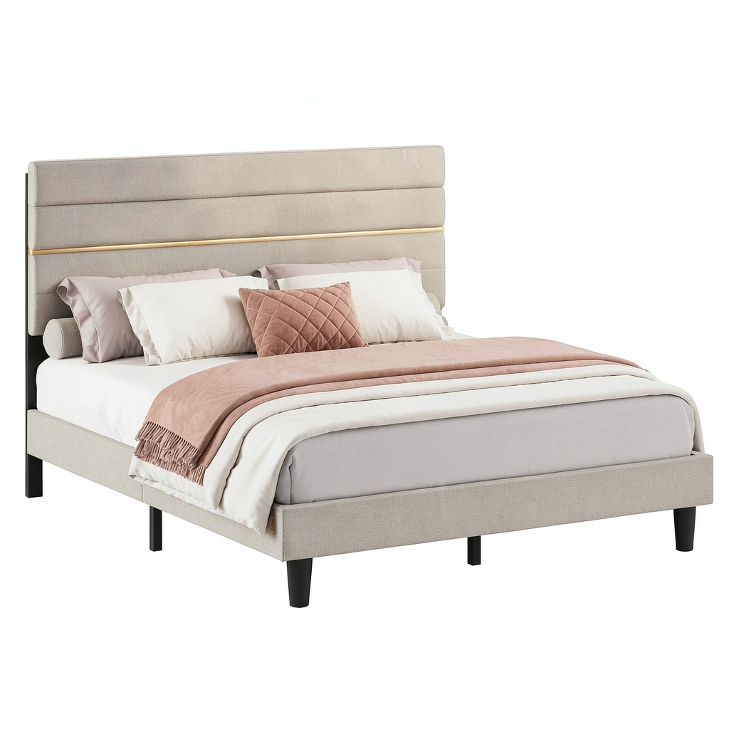 Lit, en bois massif et métal, réglable, rembourré, coloris beige, 140 x 190 cm, pour la chambre