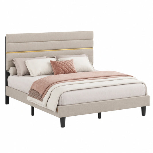 Lit, en bois massif et métal, réglable, rembourré, coloris beige, 140 x 190 cm, pour la chambre