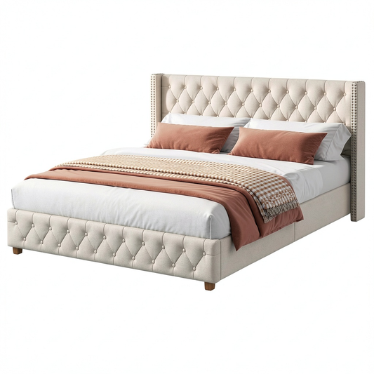 Lit, avec sommier, rembourré, coloris beige, pour la chambre