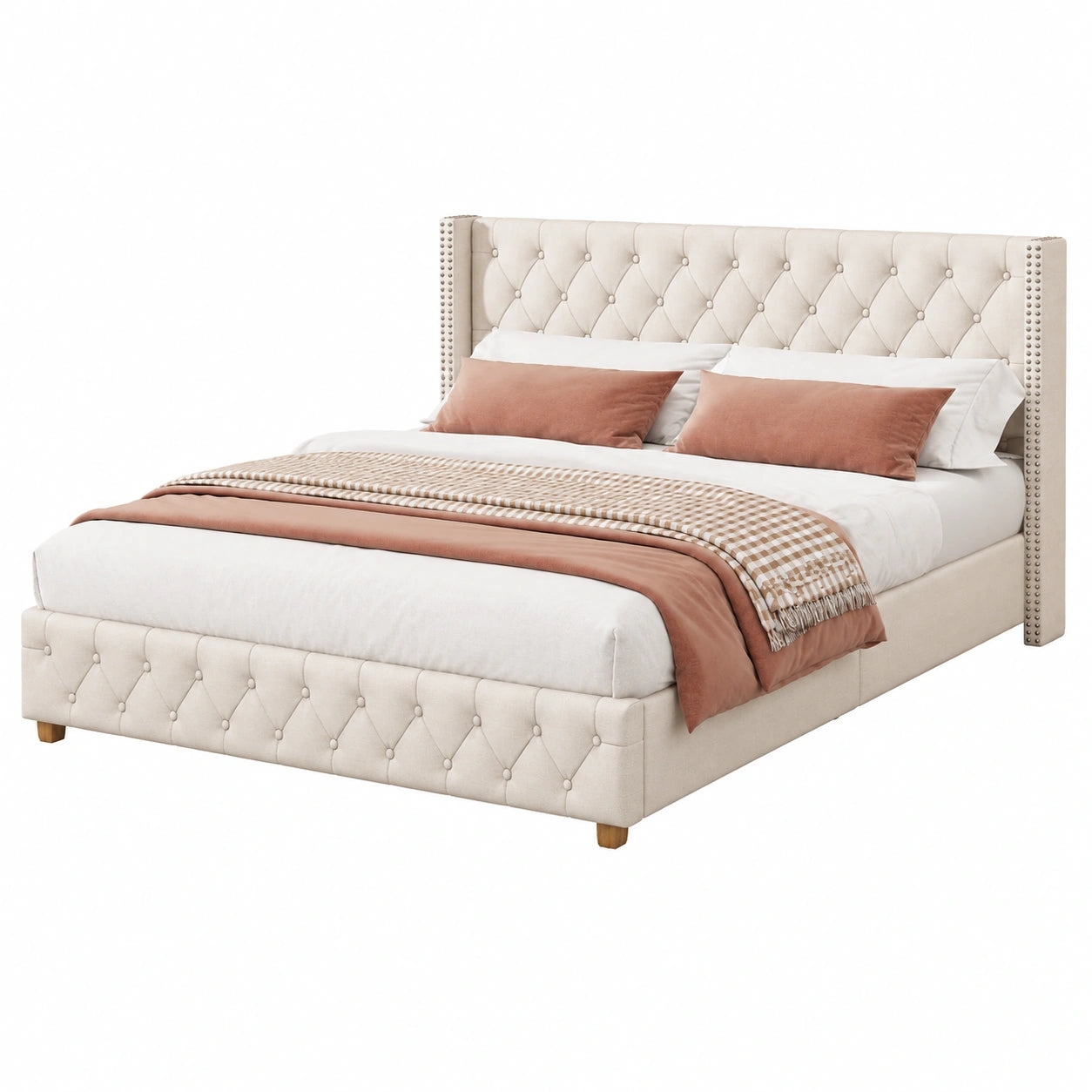 Lit, avec sommier, rembourré, coloris beige, pour la chambre