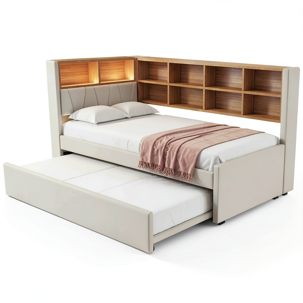 Canapé convertible, avec rangement, avec éclairage LED, avec prise intégrée, 90 x 200 cm, pour le salon ou la chambre d’amis