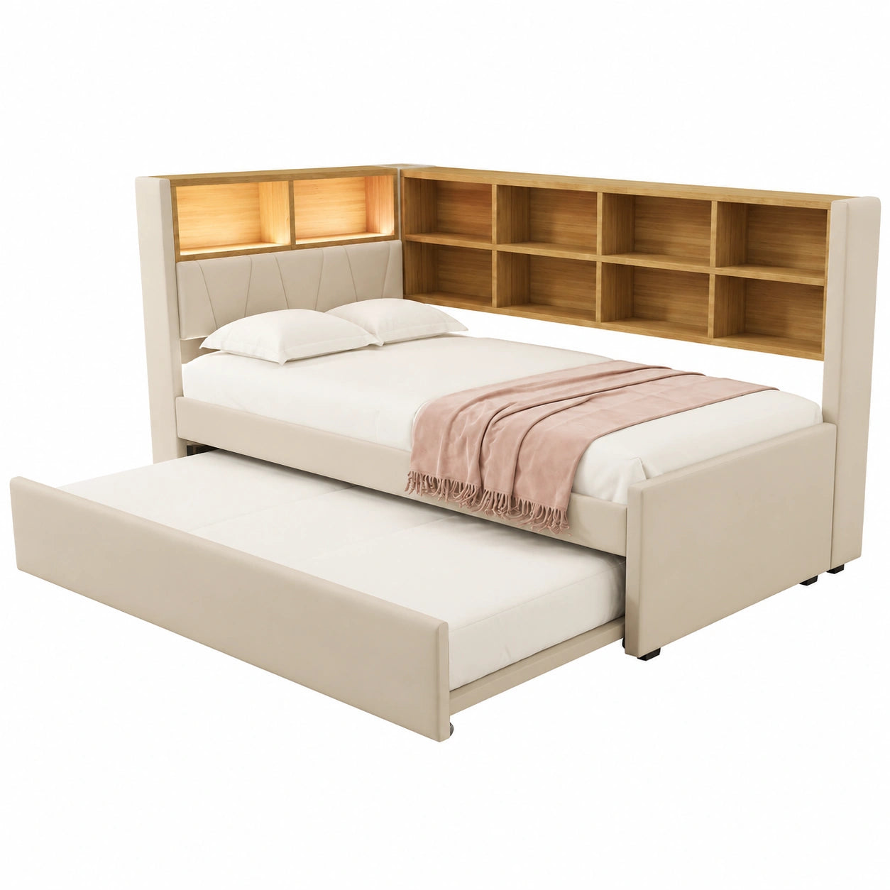 Canapé convertible, avec rangement, avec éclairage LED, avec prise intégrée, 90 x 200 cm, pour le salon ou la chambre d’amis