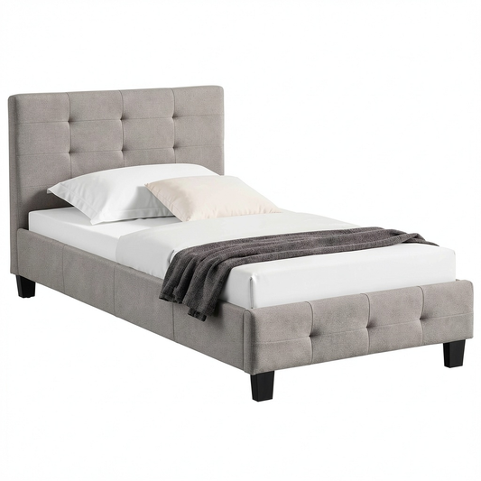 Lit, 1 place, avec sommier, en tissu, coloris gris, 90 x 190 cm, pour la chambre