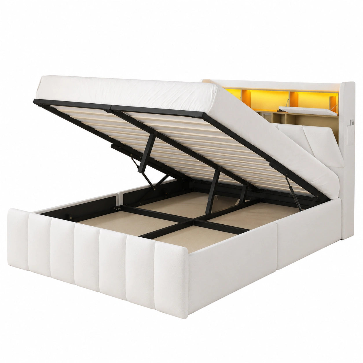 Lit coffre, 140 x 190 cm, avec rangement, avec éclairage LED, avec prise intégrée, coloris blanc, pour la chambre