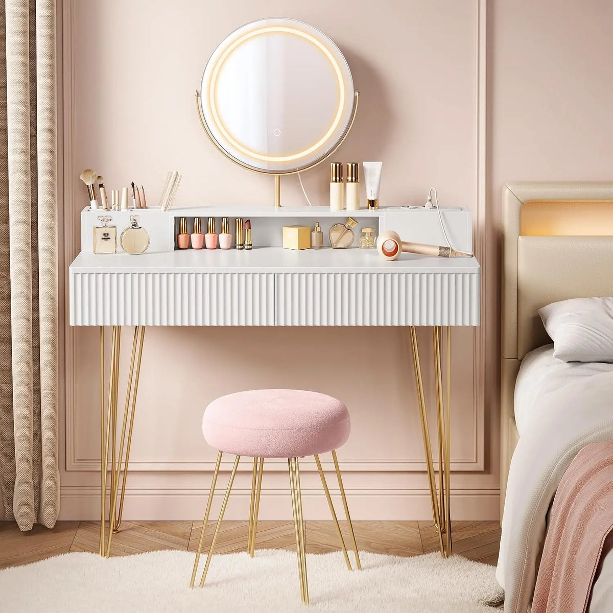 VASAGLE Coiffeuse avec Miroir Pivotant – beige/gris/blanc