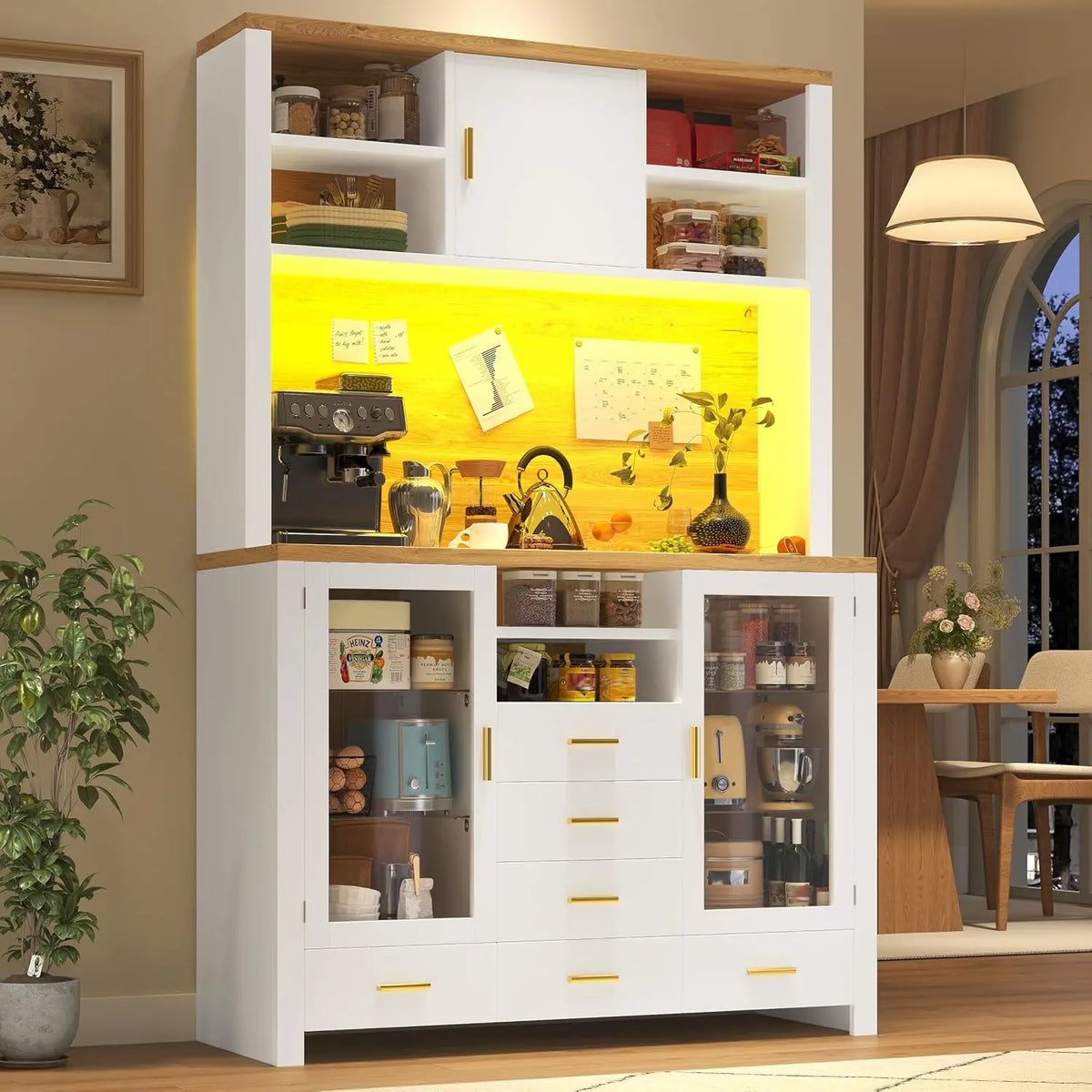 Merax Armoire de cuisine 188 cm avec LED et porte en verre – blanc