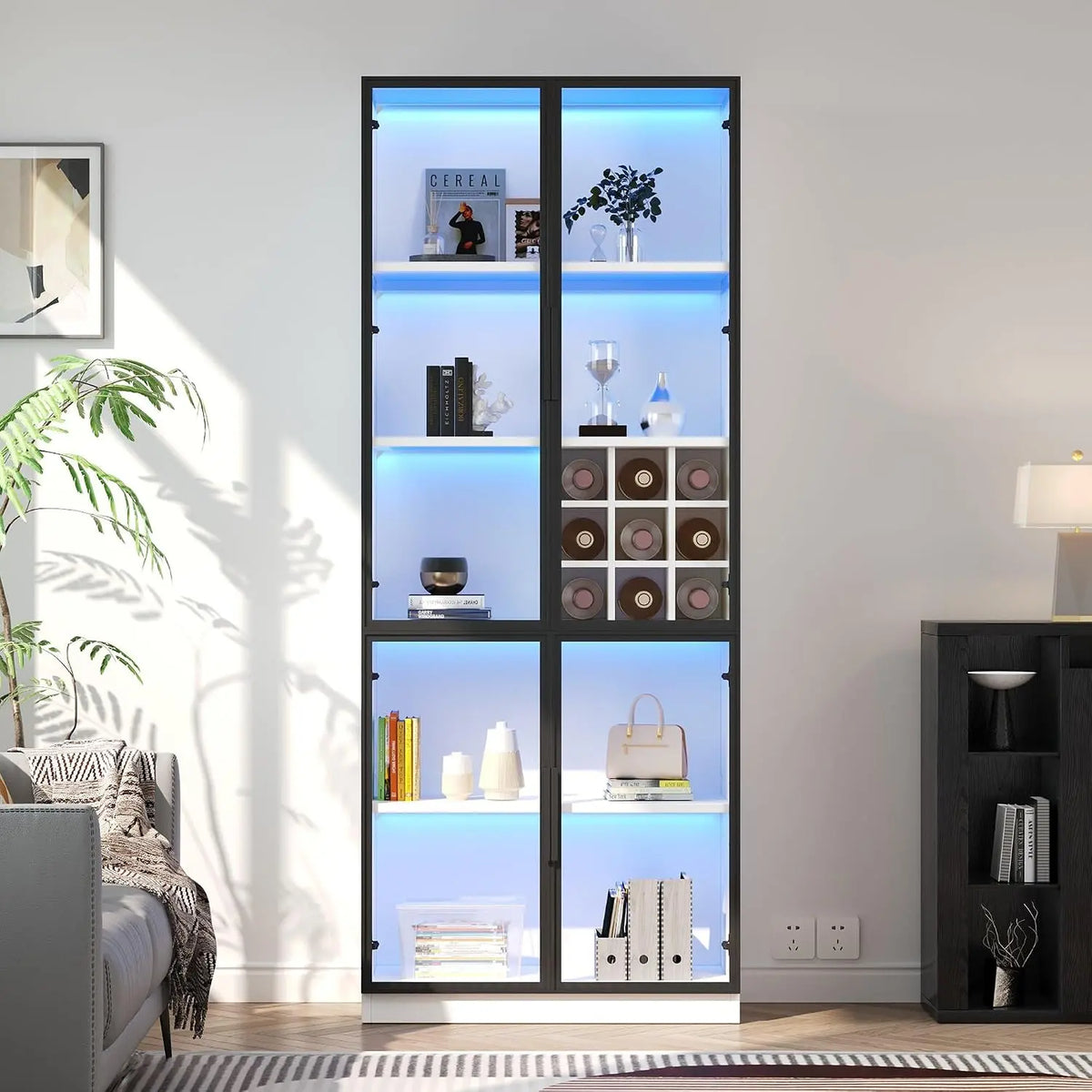 Merax Vitrine 80 x 35 x 200 cm avec éclairage LED – gris/bleu