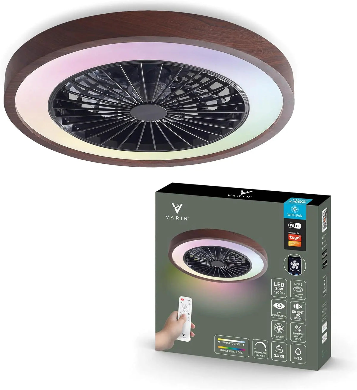 Varin Ventilateur Plafond avec Lumiere – 30 W, gris