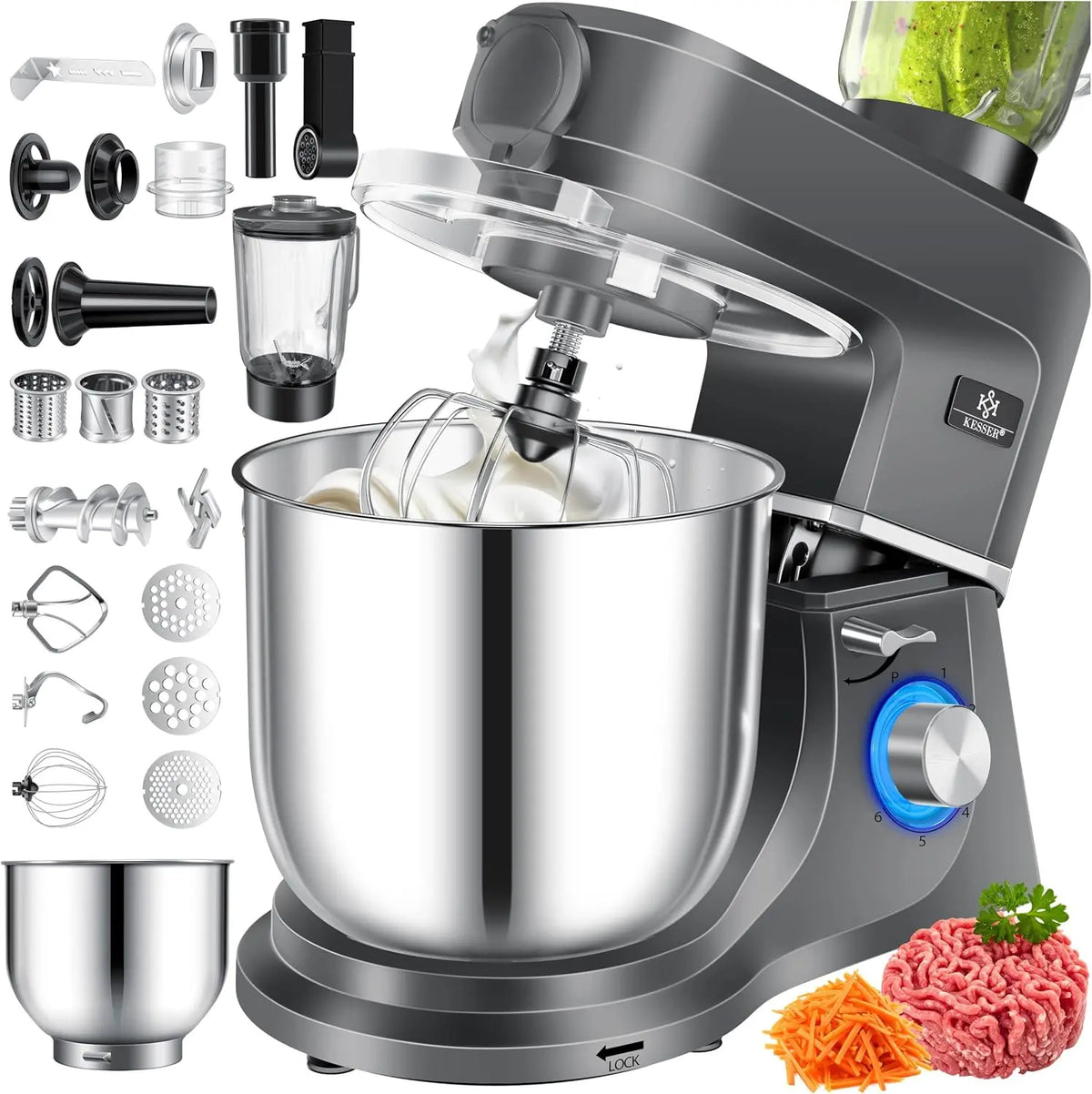 KESSER Robot de cuisine universel 3 en 1 K-KM 3000 avec hachoir à viande – 1500 W, 5,5 l / 1,5 l, 60 Hz, gris