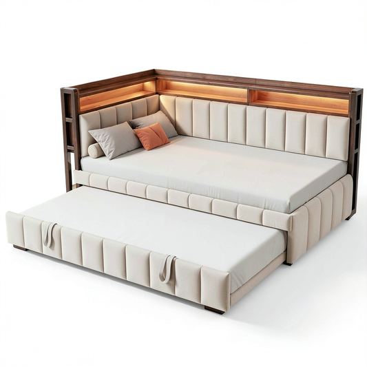 Canapé convertible, avec rangement, avec éclairage LED, avec prise intégrée, 90 x 200 cm, coloris beige, pour le salon ou la chambre d’amis
