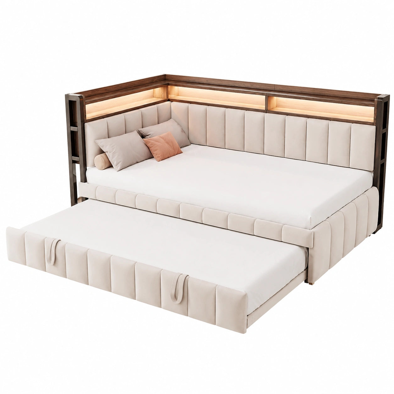 Canapé convertible, avec rangement, avec éclairage LED, avec prise intégrée, 90 x 200 cm, coloris beige, pour le salon ou la chambre d’amis