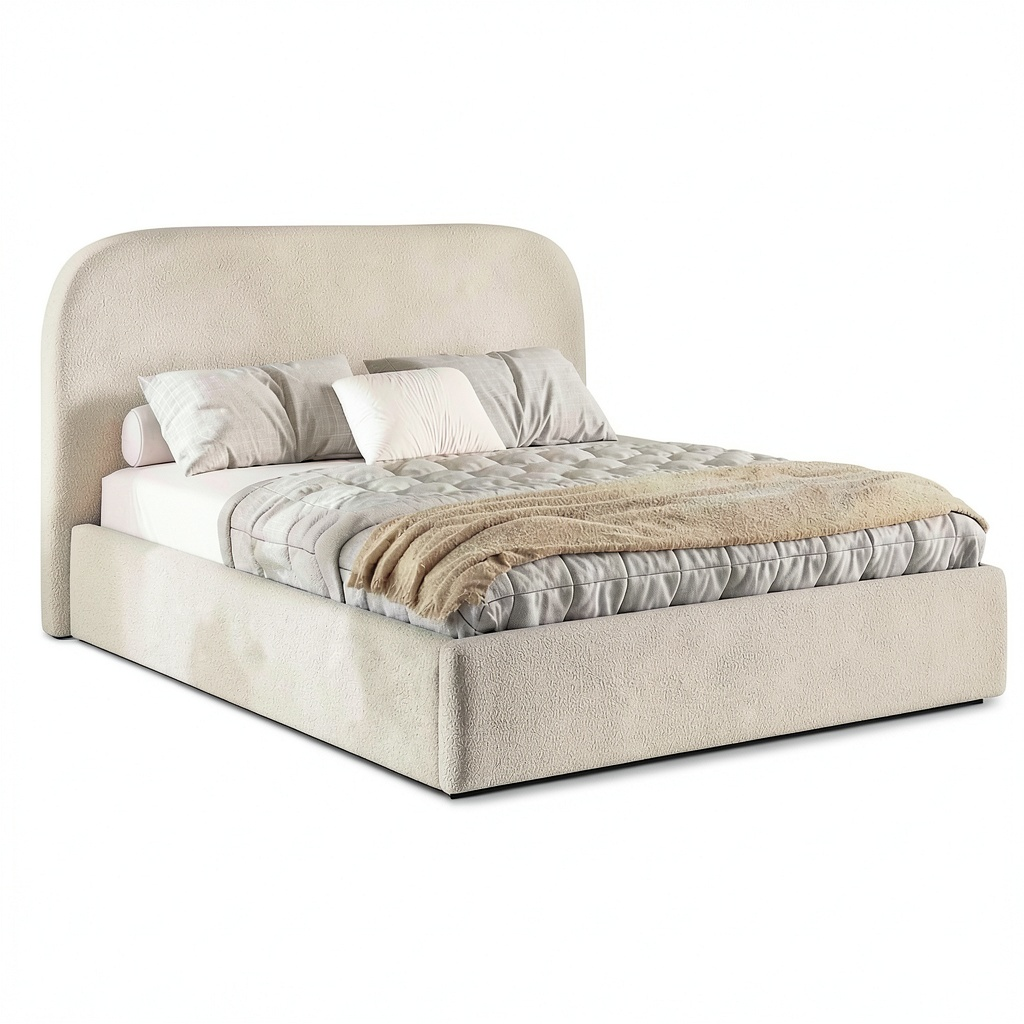 Lit coffre, 160 x 200 cm, avec rangement, avec sommier, rembourré, en tissu bouclette, coloris beige, pour la chambre