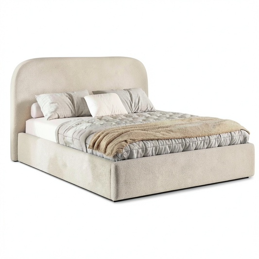 Lit coffre, 160 x 200 cm, avec rangement, avec sommier, rembourré, en tissu bouclette, coloris beige, pour la chambre