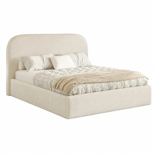 Lit coffre, 160 x 200 cm, avec rangement, avec sommier, rembourré, en tissu bouclette, coloris beige, pour la chambre
