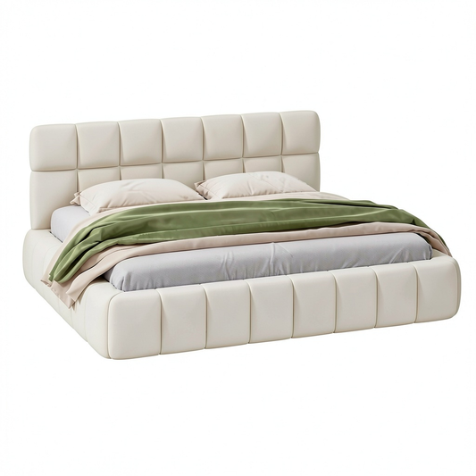 Lit, en lin, avec sommier, rembourré, coloris beige, 140 x 190 cm, pour la chambre