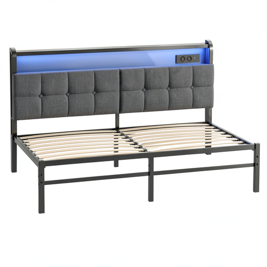 Lit, 140 x 190 cm, avec étagères, avec éclairage LED, avec prise intégrée, en métal, coloris noir, 208,9 x 140,5 x 104,5 cm, pour la chambre